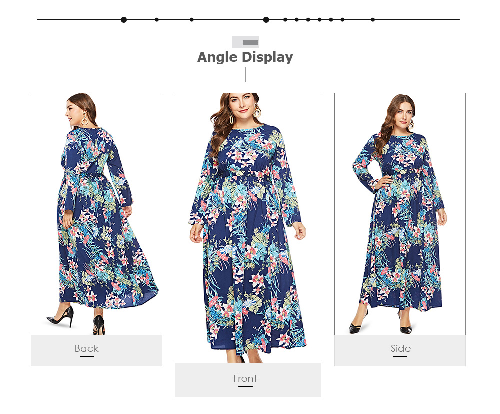 Round Collar Long Sleeve Leaf Floral Print Plus Size Women Maxi Dress