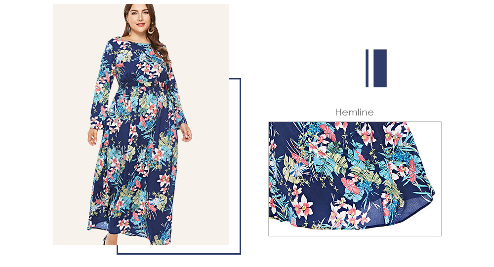 Round Collar Long Sleeve Leaf Floral Print Plus Size Women Maxi Dress