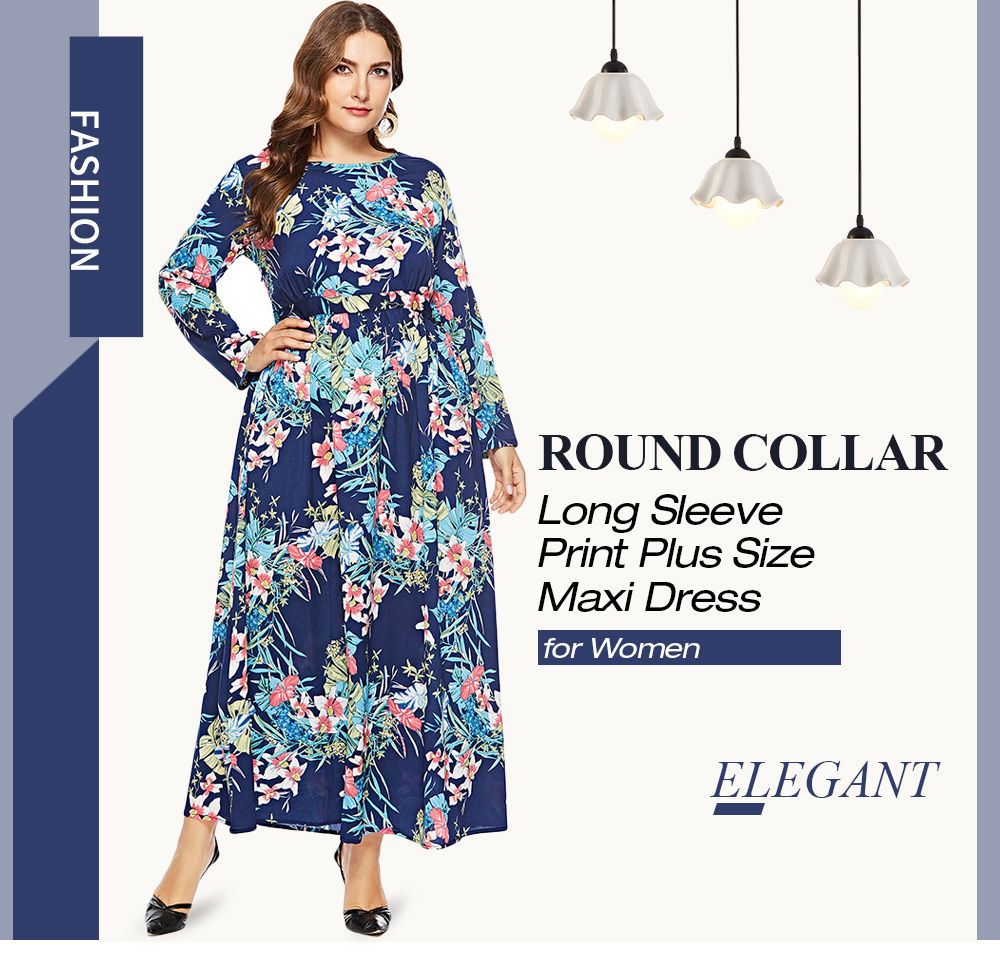 Round Collar Long Sleeve Leaf Floral Print Plus Size Women Maxi Dress