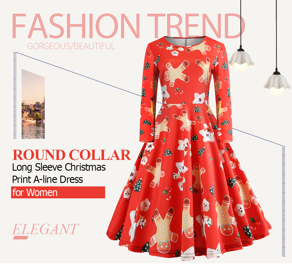 Round Collar Long Sleeve Christmas Pattern A-line Women Vintage Dress
