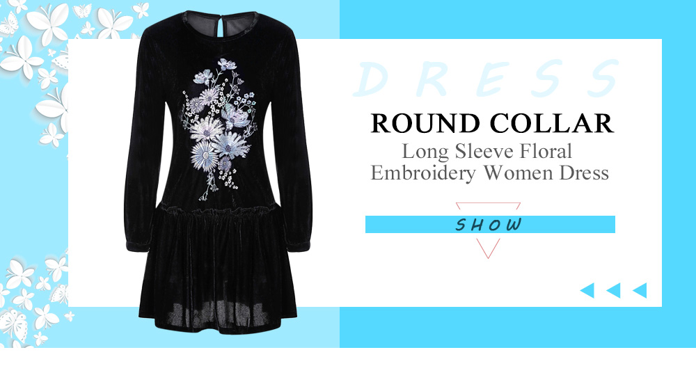 Stylish Round Collar Long Sleeve Floral Embroidery Women Dress