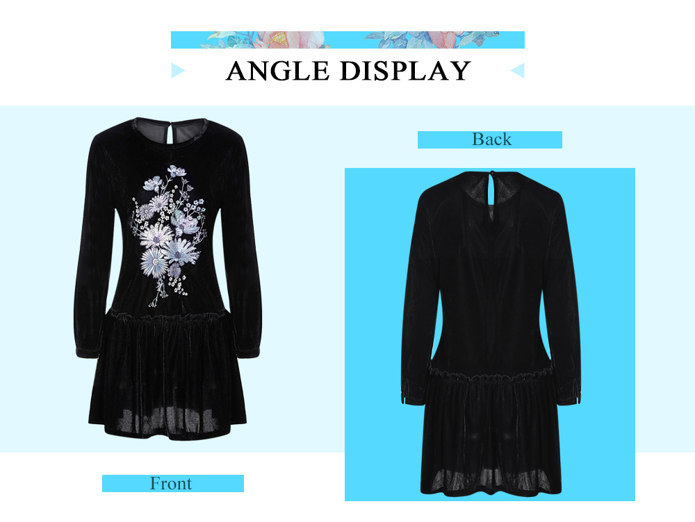 Stylish Round Collar Long Sleeve Floral Embroidery Women Dress