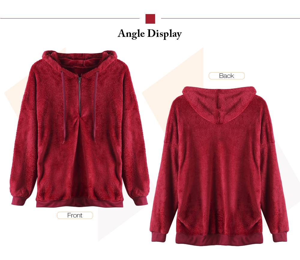 Hooded Long Sleeve Fleece Loose Zipper Pocket Solid Color Women Hoodie