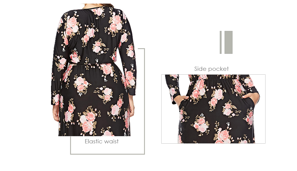 Round Collar Long Sleeve Floral Print Pocket Plus Size Women Dress