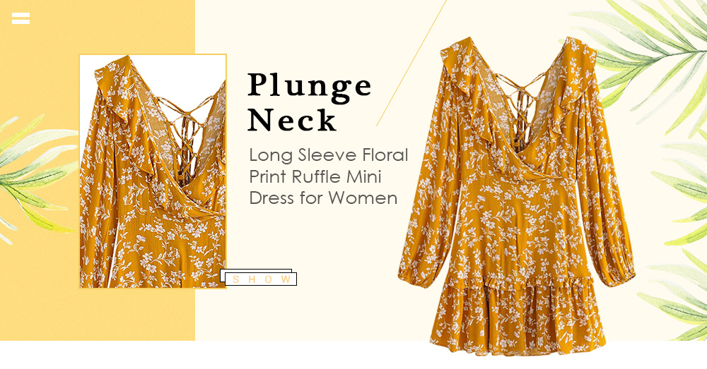 Plunge Neck Long Sleeve Floral Print Criss-cross Strap Ruffle Women Mini Dress