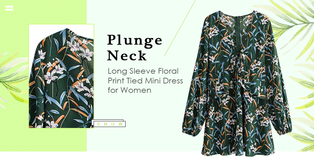 Plunge Neck Long Sleeve Floral Print Tied Women Mini Dress