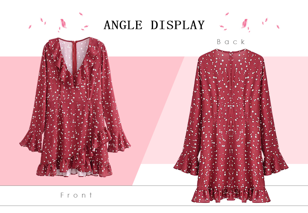 Plunge Neck Long Bell Sleeve Ruffle Floral Print Women Mini Dress