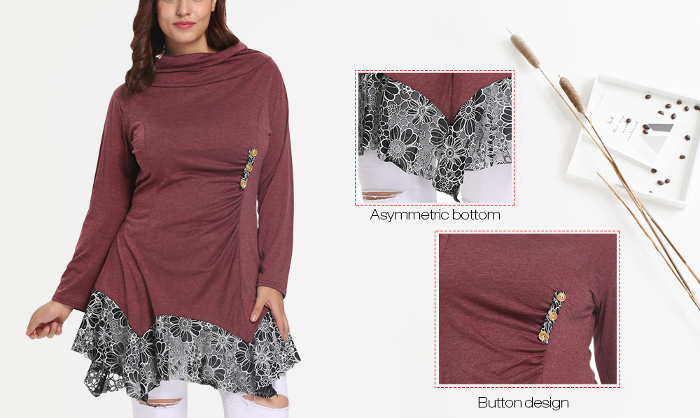 Funnel Collar Long Sleeve Spliced Lace Asymmetric Plus Size Women T-shirt