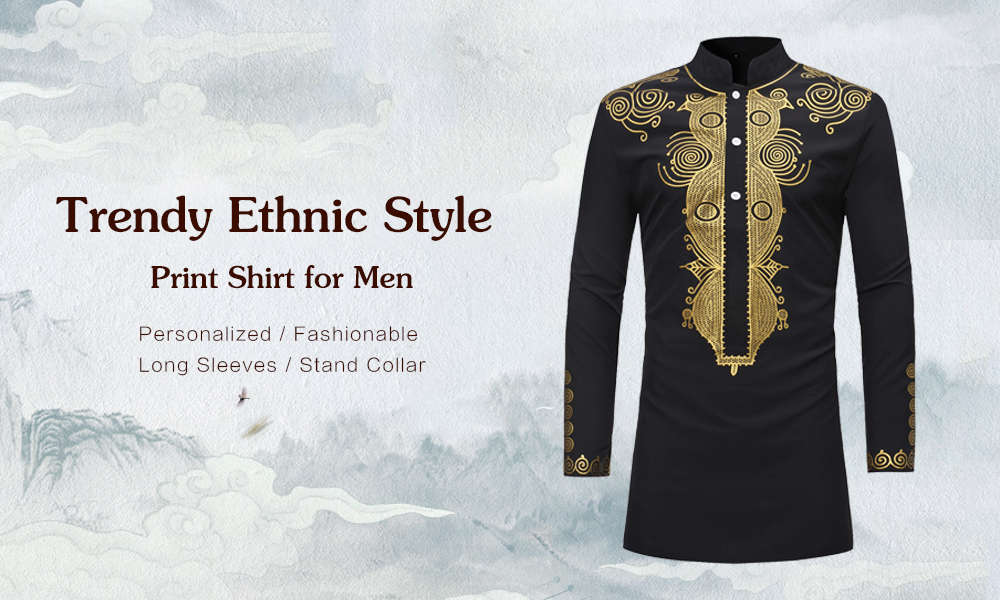 Trendy Ethnic Style Print Stand Collar Long Sleeve Shirt for Men