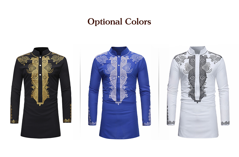 Trendy Ethnic Style Print Stand Collar Long Sleeve Shirt for Men