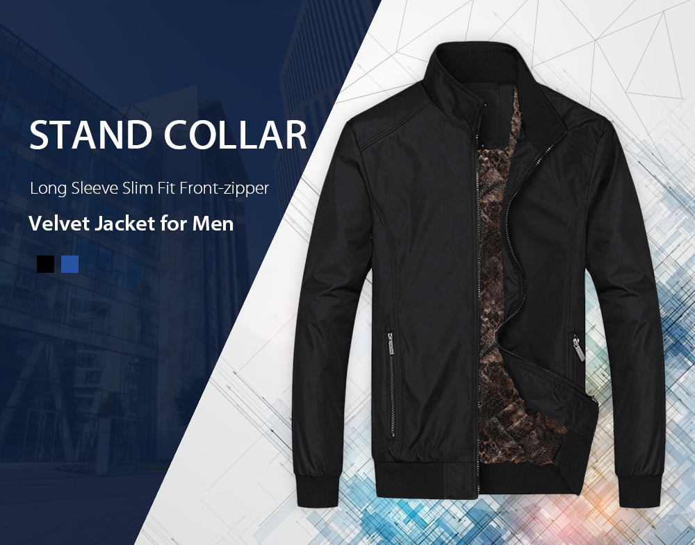 Stand Collar Long Sleeve Slim Fit Front-zipper Velvet Jacket for Men