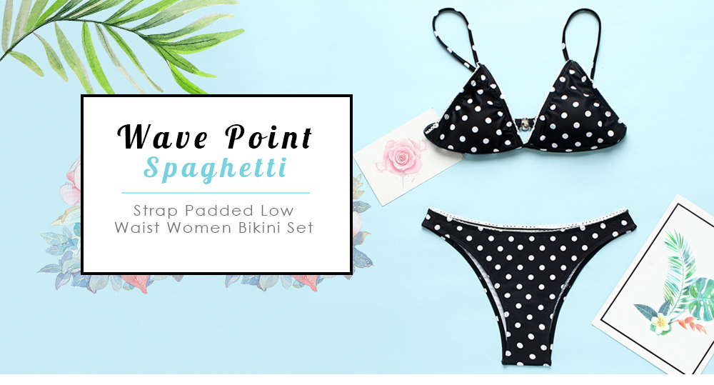Wave Point Spaghetti Strap Padded Low Waist Lace Stitching Women Bikini Set