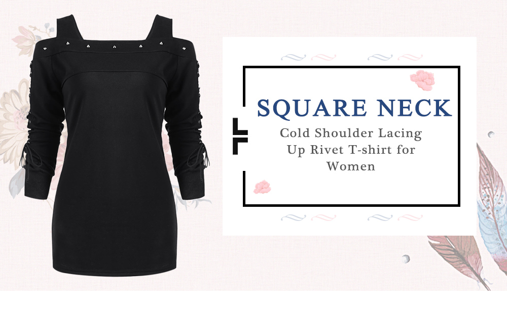 Square Neck Cold Shoulder Long Sleeve Lacing Up Rivet Women T-shirt