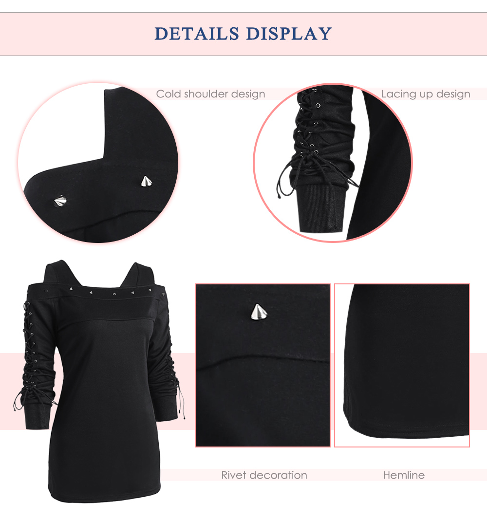 Square Neck Cold Shoulder Long Sleeve Lacing Up Rivet Women T-shirt