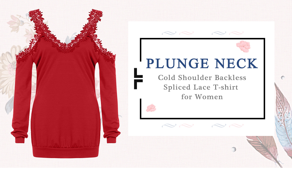 Plunge Neck Cold Shoulder Long Sleeve Backless Spliced Lace Women T-shirt