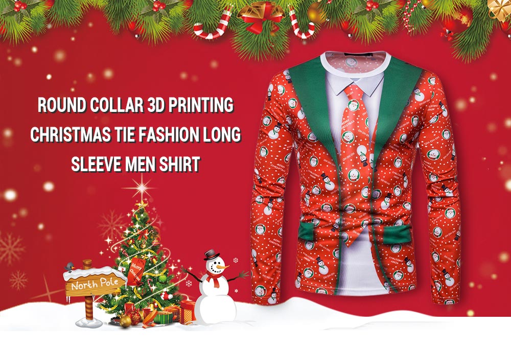 Round Collar 3D Printing Christmas Tie Fashion Long Sleeve Men Shirt