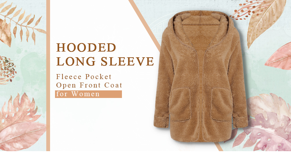 Hooded Long Sleeve Fleece Pocket Open Front Solid Color Women Coat
