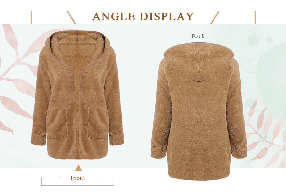 Hooded Long Sleeve Fleece Pocket Open Front Solid Color Women Coat