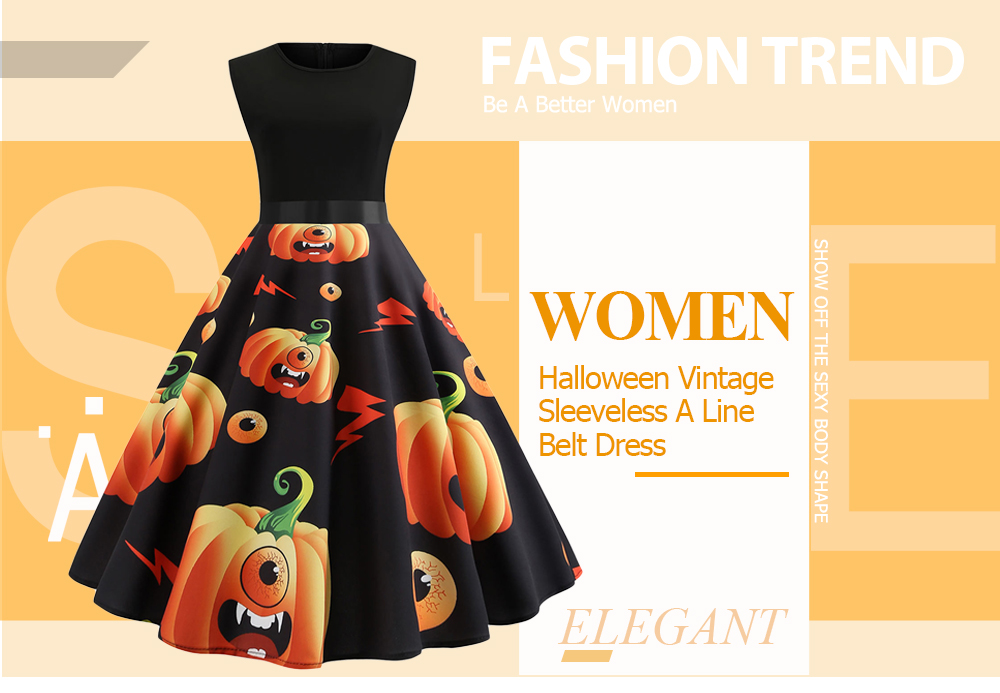 Women Halloween Vintage Sleeveless Party A Line Swing Belt Dress