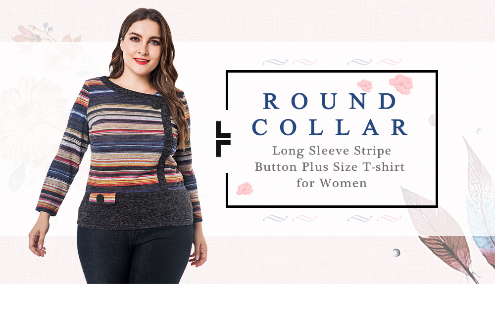 Round Collar Long Sleeve Colorful Stripe Button Plus Size Women T-shirt