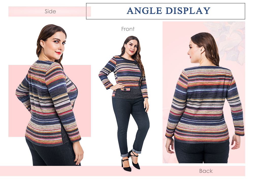 Round Collar Long Sleeve Colorful Stripe Button Plus Size Women T-shirt