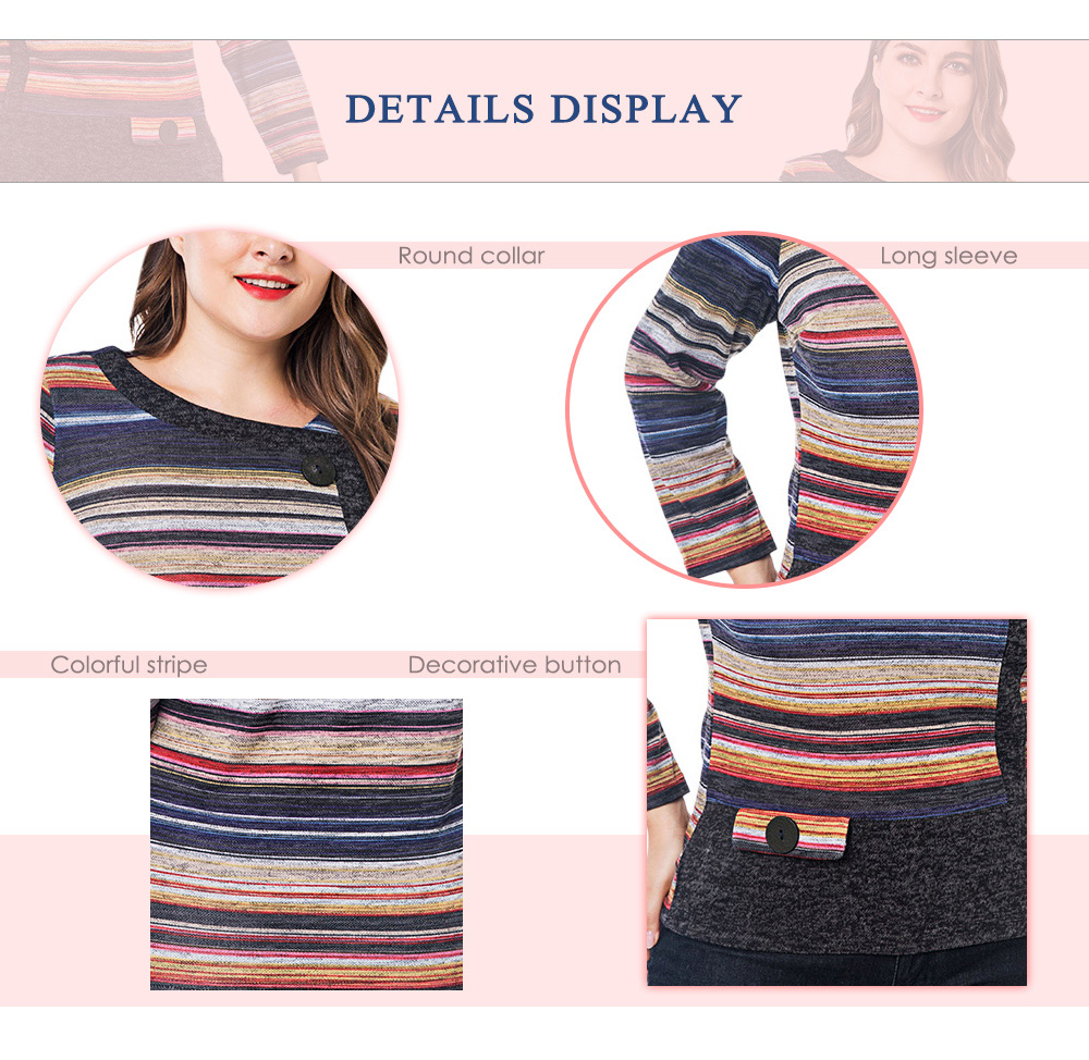 Round Collar Long Sleeve Colorful Stripe Button Plus Size Women T-shirt