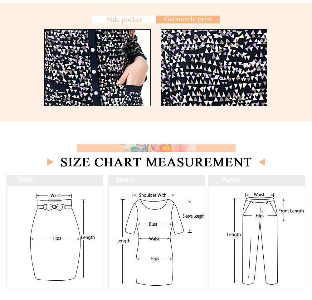Round Collar Long Sleeve Geometric Print Button Pocket Plus Size Women T-shirt