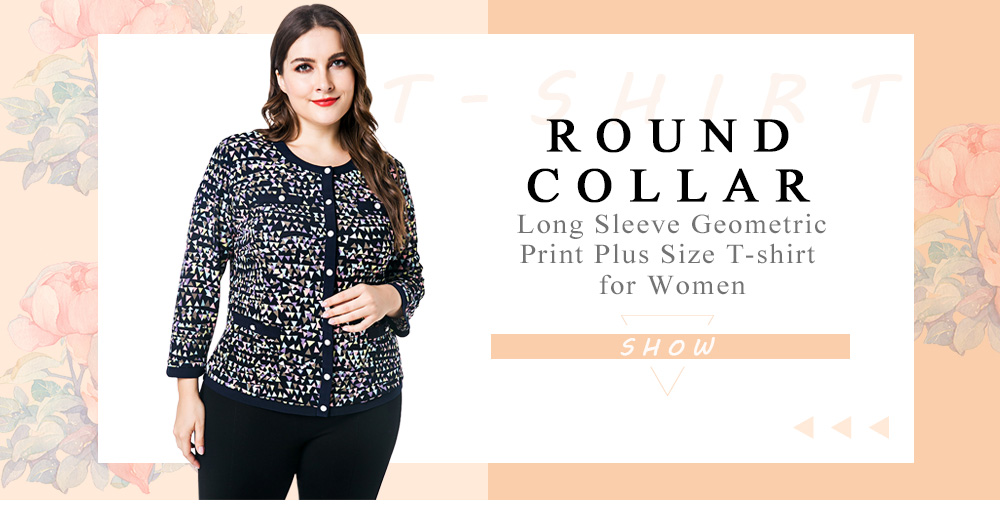 Round Collar Long Sleeve Geometric Print Button Pocket Plus Size Women T-shirt