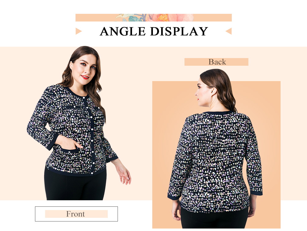 Round Collar Long Sleeve Geometric Print Button Pocket Plus Size Women T-shirt