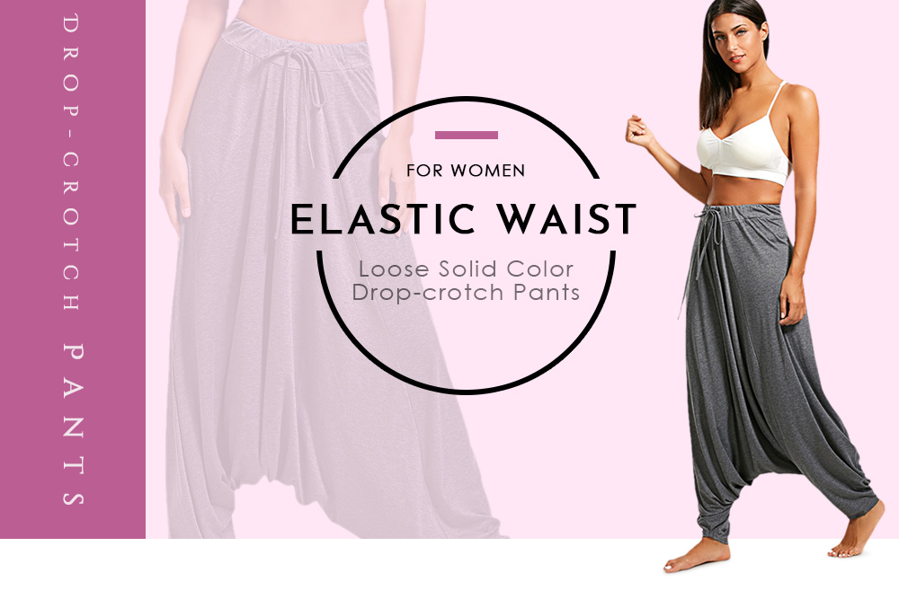 Elastic Waist Loose Solid Color Casual Women Drop-crotch Pants