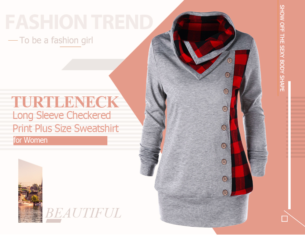 Turtleneck Long Sleeve Checkered Print Button Plus Size Women Sweatshirt