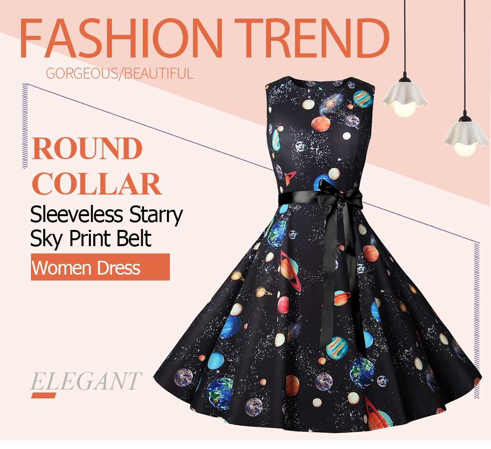 Round Collar Sleeveless Starry Sky Print Belt Vintage Women Dress