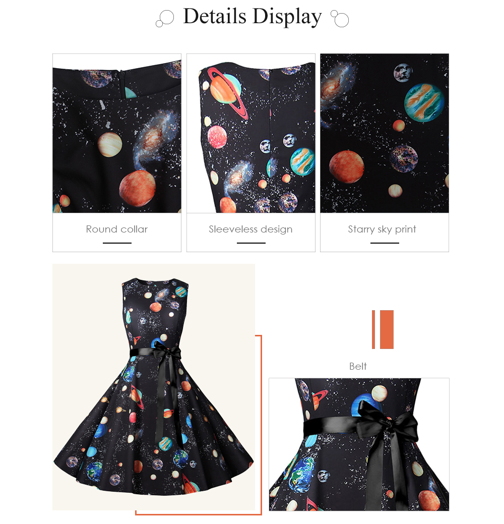 Round Collar Sleeveless Starry Sky Print Belt Vintage Women Dress