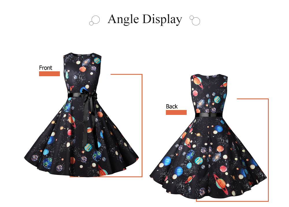 Round Collar Sleeveless Starry Sky Print Belt Vintage Women Dress