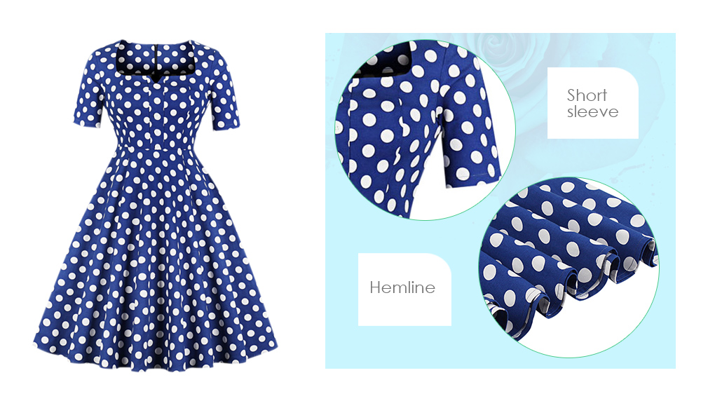 Square Neck Short Sleeve Polka Dot Print A-line Women Dress