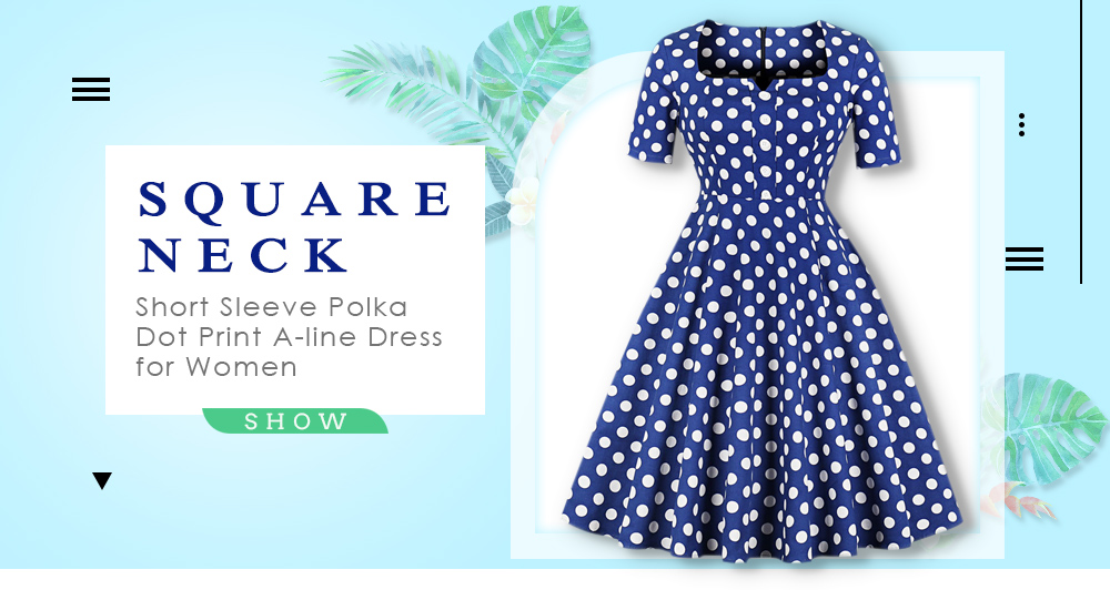 Square Neck Short Sleeve Polka Dot Print A-line Women Dress