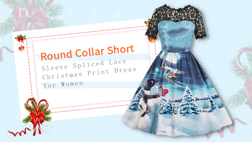 Round Collar Short Sleeve Spliced Lace Christmas Print A-line Women Dress