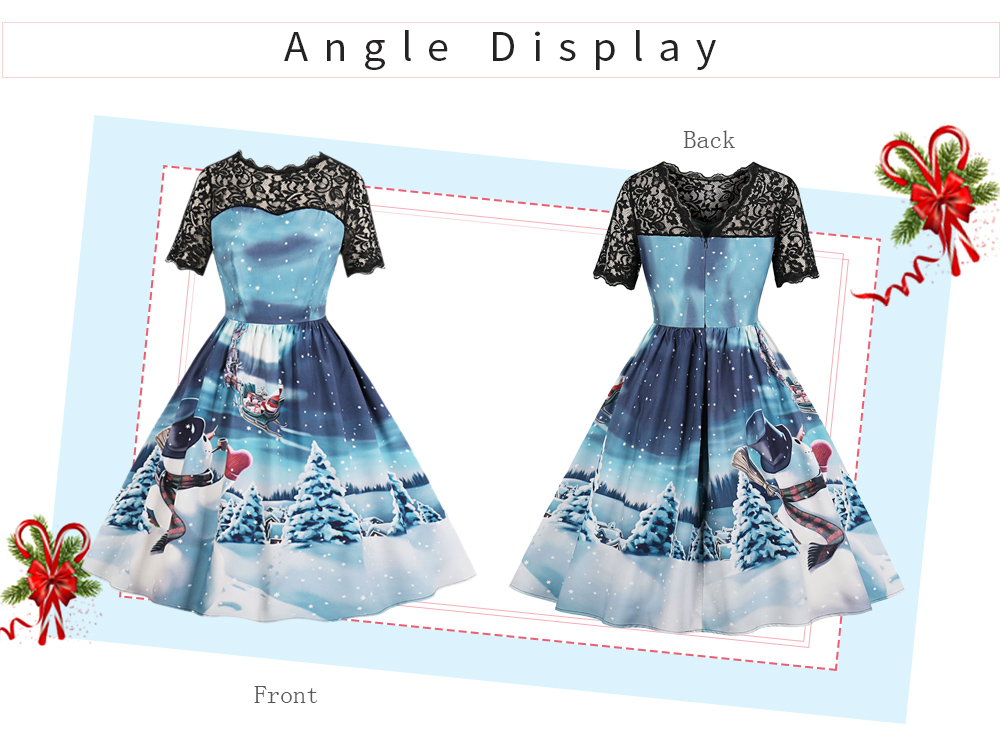 Round Collar Short Sleeve Spliced Lace Christmas Print A-line Women Dress