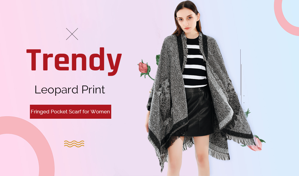 Trendy Leopard Print Fringed Pocket Acrylic Shawl Poncho Women Large Scarf