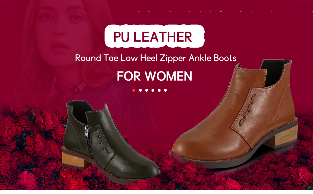 PU Leather Round Toe Low Heel Zipper Ankle Boots for Women