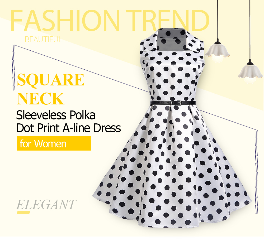 Square Neck Sleeveless Polka Dot Print Belted A-line Women Vintage Dress
