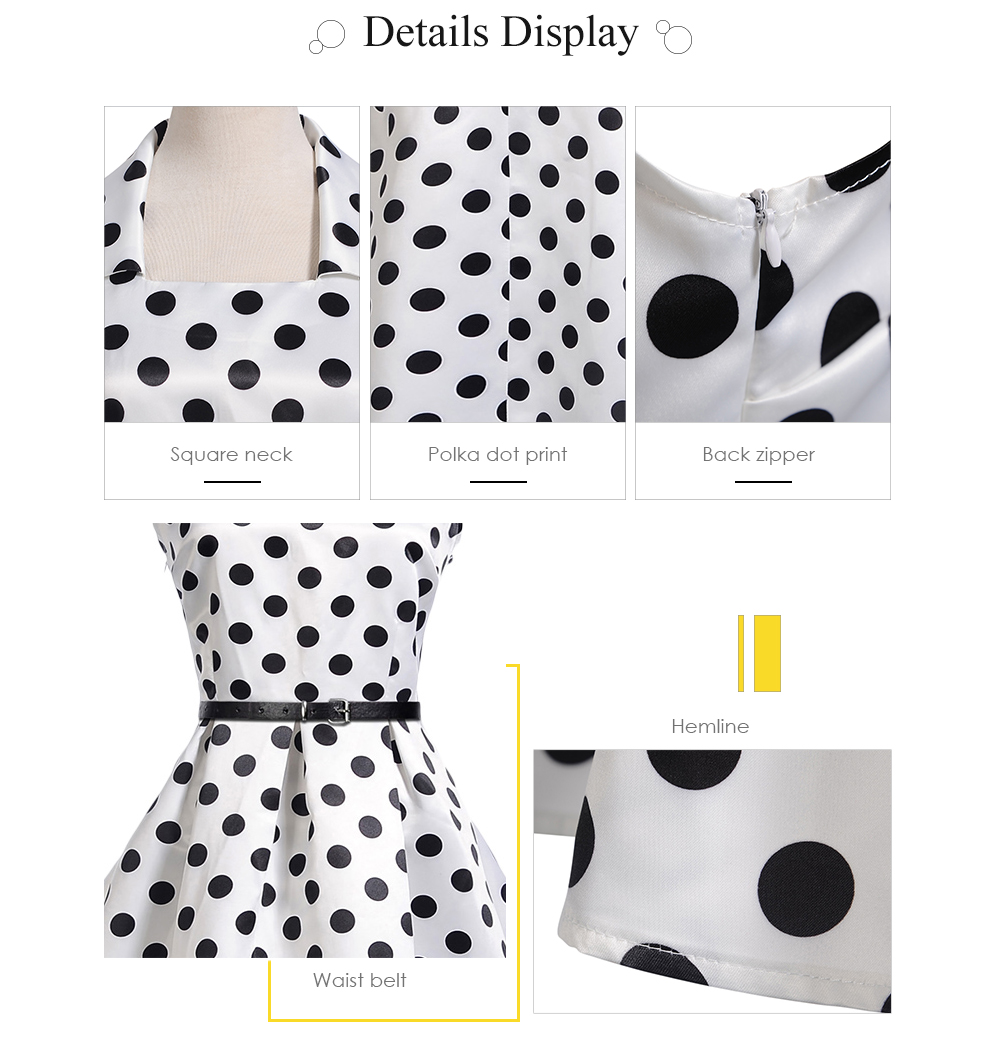 Square Neck Sleeveless Polka Dot Print Belted A-line Women Vintage Dress