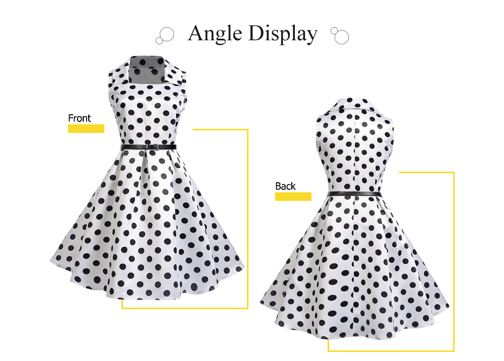 Square Neck Sleeveless Polka Dot Print Belted A-line Women Vintage Dress