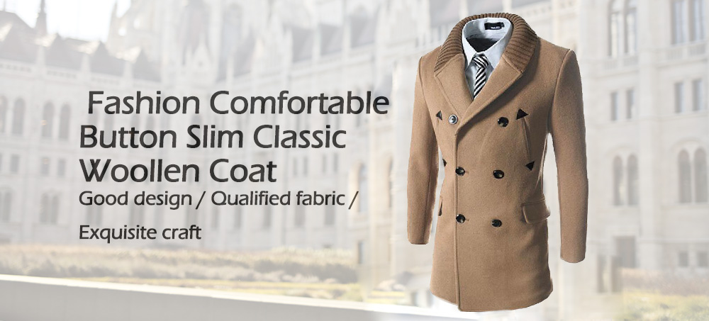 Stylish Comfortable Men Button Slim Woollen Coat
