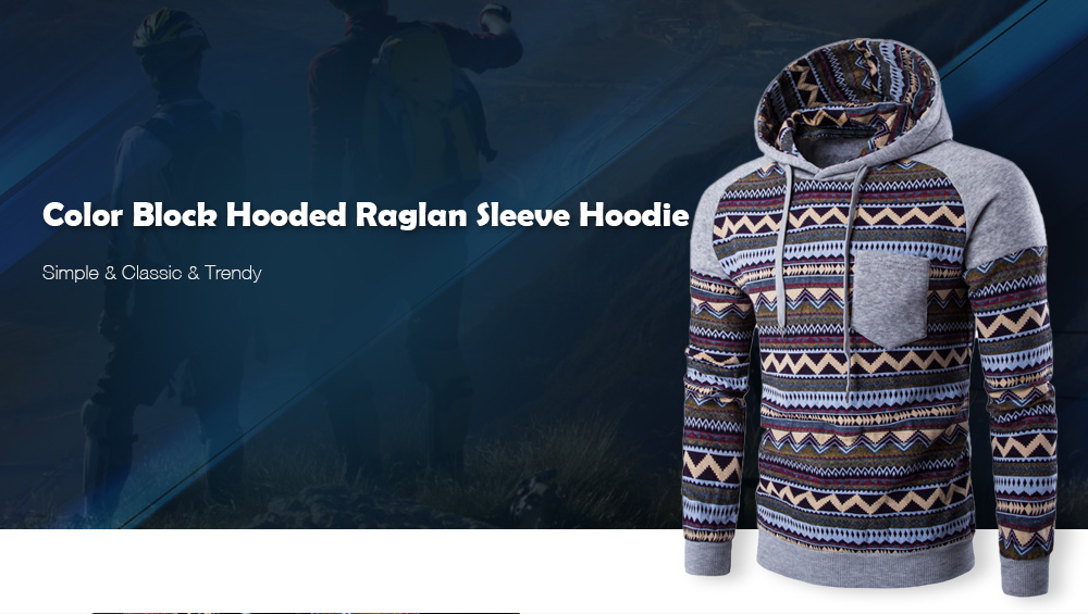 Color Block Tribal Printed Pocket Hooded Raglan Sleeve Hoodie