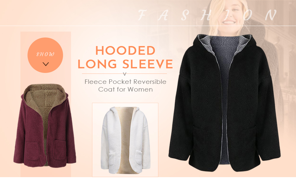 Hooded Long Sleeve Fleece Open Front Pocket Reversible Women Coat