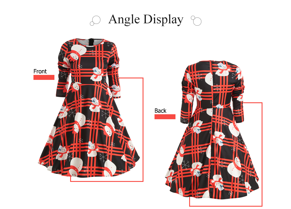 Round Collar Long Sleeve Stripe Christmas Print A-line Women Dress