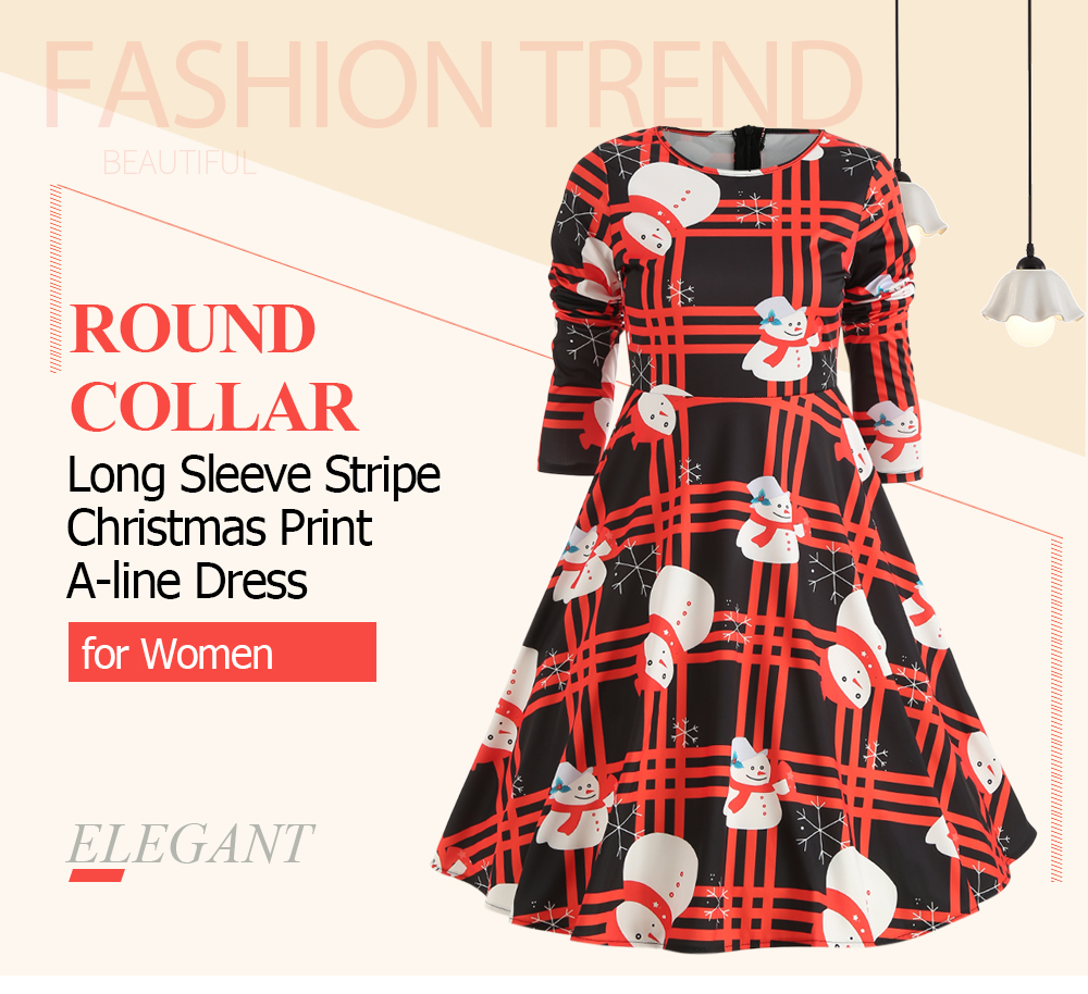 Round Collar Long Sleeve Stripe Christmas Print A-line Women Dress