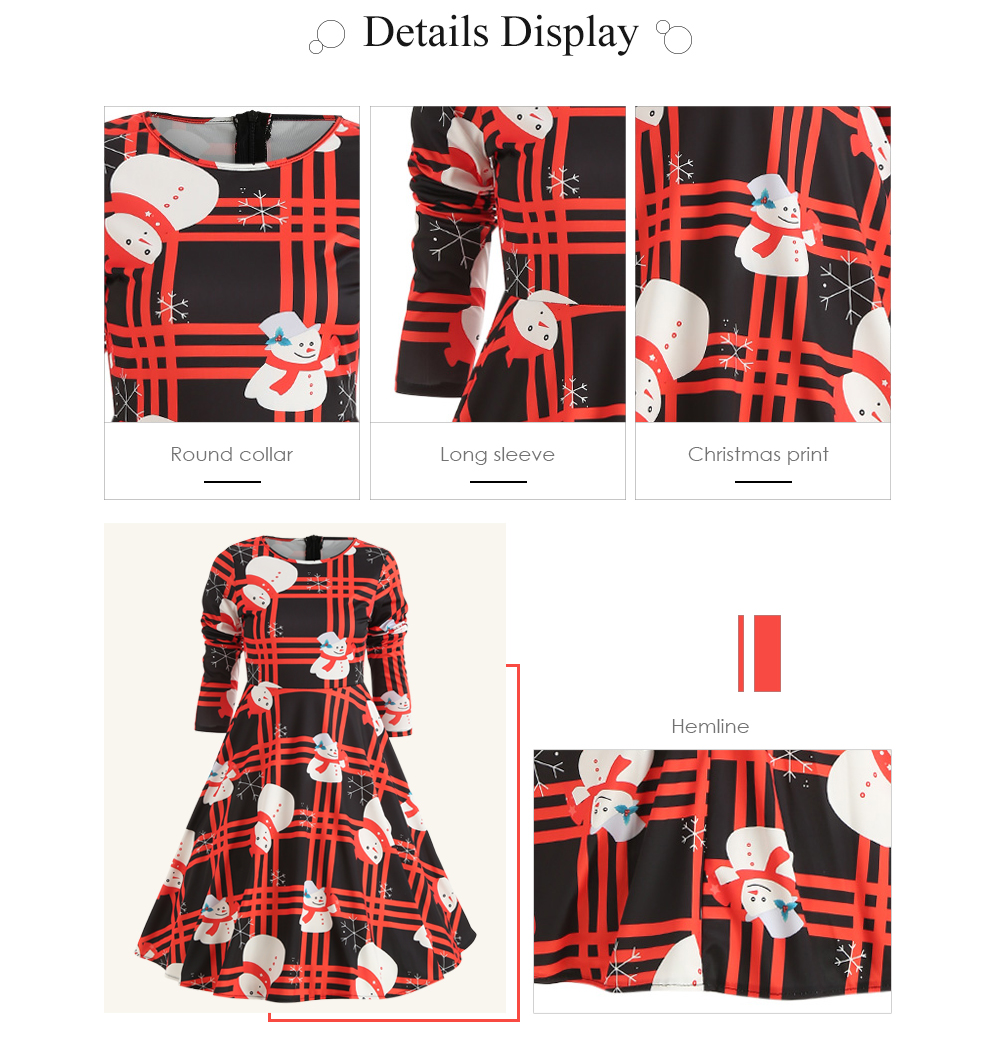 Round Collar Long Sleeve Stripe Christmas Print A-line Women Dress