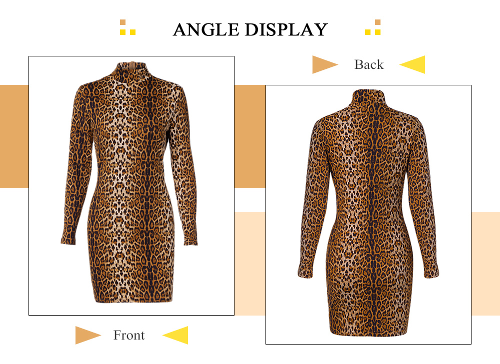 Stand Collar Long Sleeve Leopard Print Bodycon Sexy Women Mini Dress